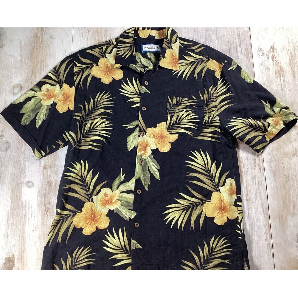 Seven Palm Hawaiian Button Down Navy Blue Hibiscus Silk Men's Large Shirt